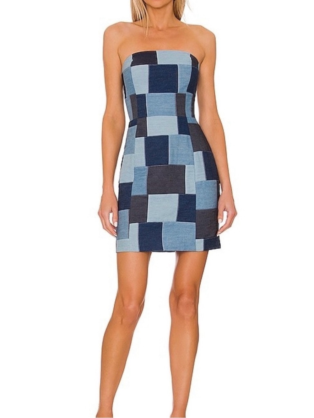 Revolve Amanda Uprichard Mandy Strapless Mini Patchwork Denim Y2K Dress in Blue.